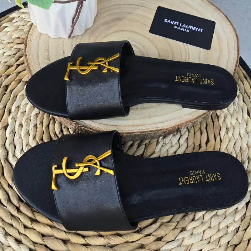 Black Saint Laurent YSL Slide Sandals