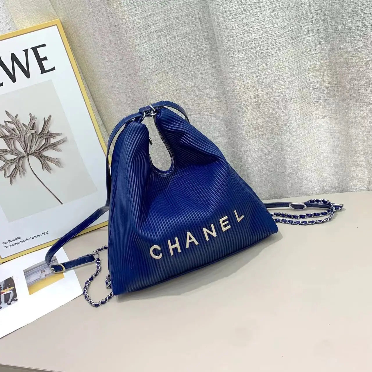Chanel-Inspired Pleated Brown Bucket Bag with Chain Strap