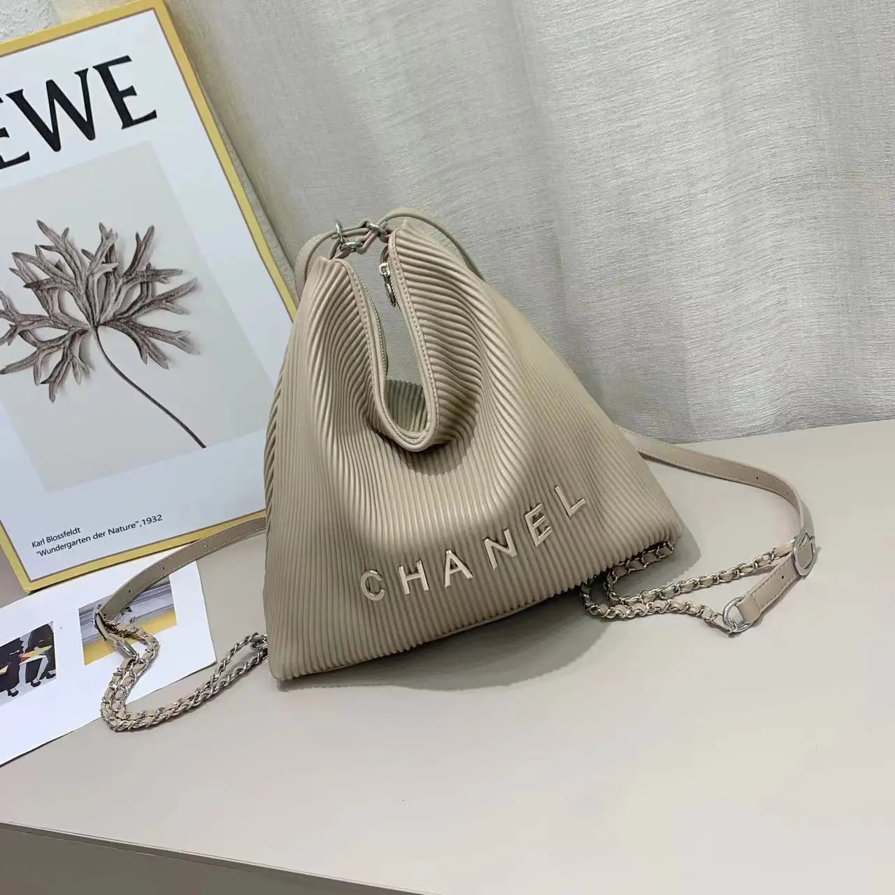 Chanel-Inspired Pleated Brown Bucket Bag with Chain Strap