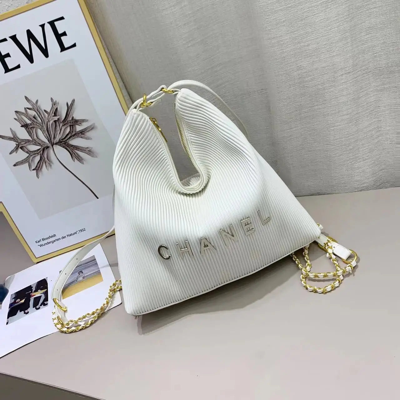 Chanel-Inspired Pleated Brown Bucket Bag with Chain Strap