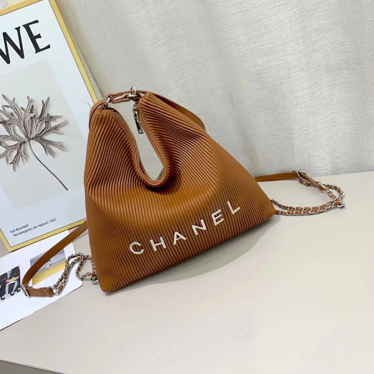 Chanel-Inspired Pleated Brown Bucket Bag with Chain Strap