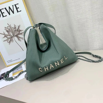Chanel-Inspired Pleated Brown Bucket Bag with Chain Strap