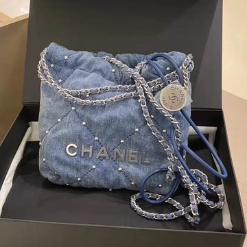 Chanel 22 Mini Denim Quilted Stud Bag