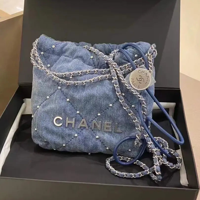Chanel 22 Mini Denim Quilted Stud Bag