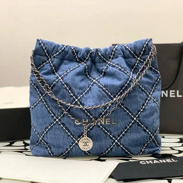 Chanel 22 Small Denim Bag – Quilted Drawstring Handbag