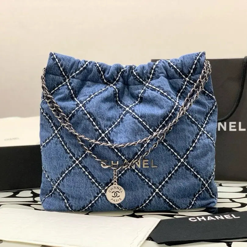 Chanel 22 Small Denim Bag – Quilted Drawstring Handbag
