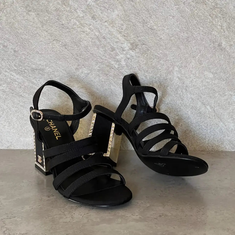 Chanel 24B Strappy Heels – Black Block-Heel Sandals