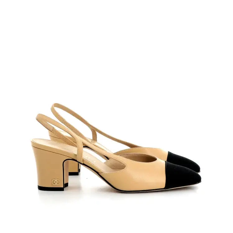 Chanel Goatskin Grosgrain Cap Toe CC Slingback Sandals