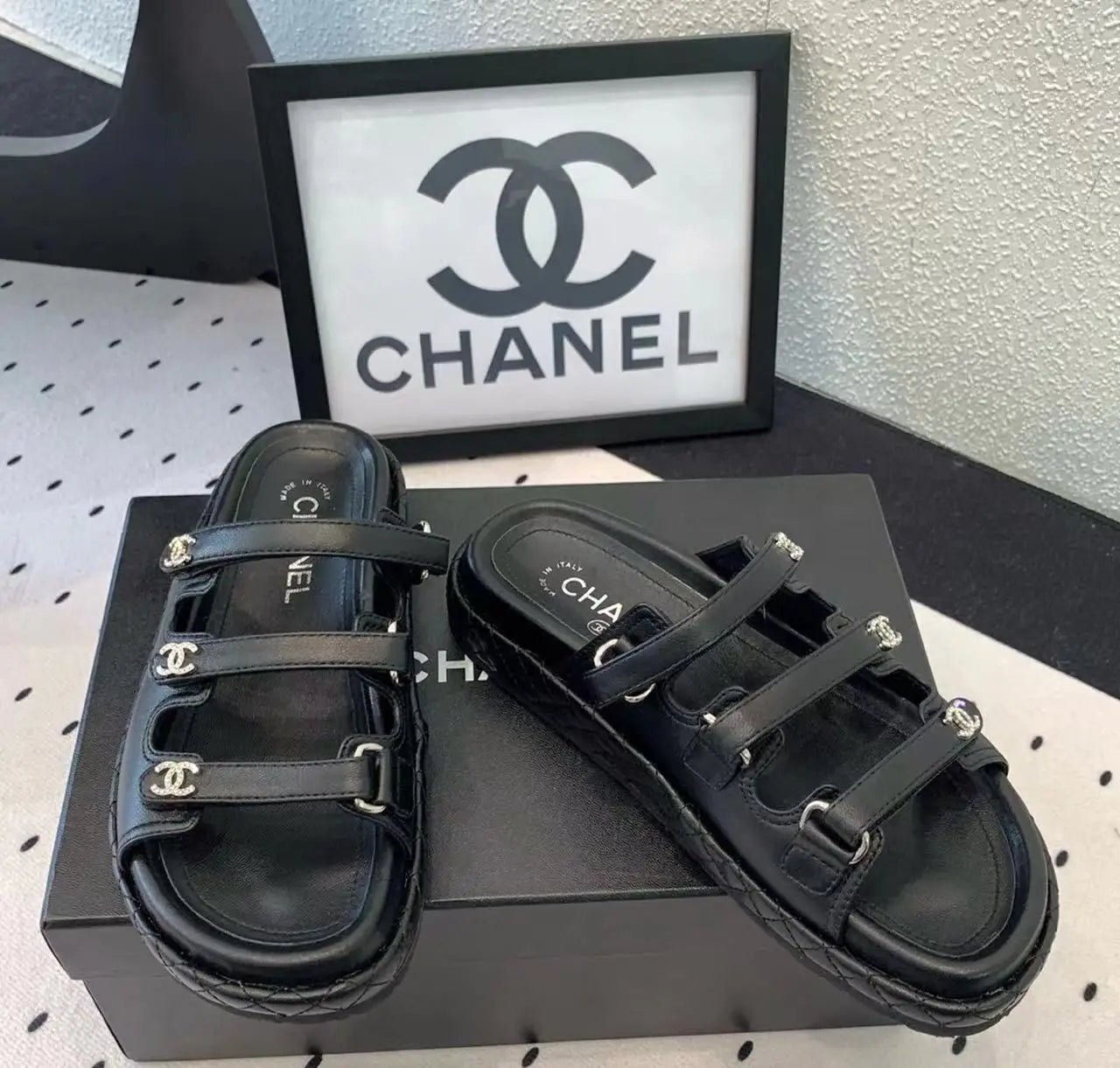 Chanel Lambskin Crystal CC Velcro Dad Sandals in Dubai