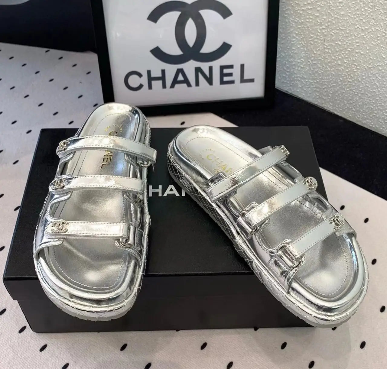 Chanel Lambskin Crystal CC Velcro Dad Sandals in Dubai