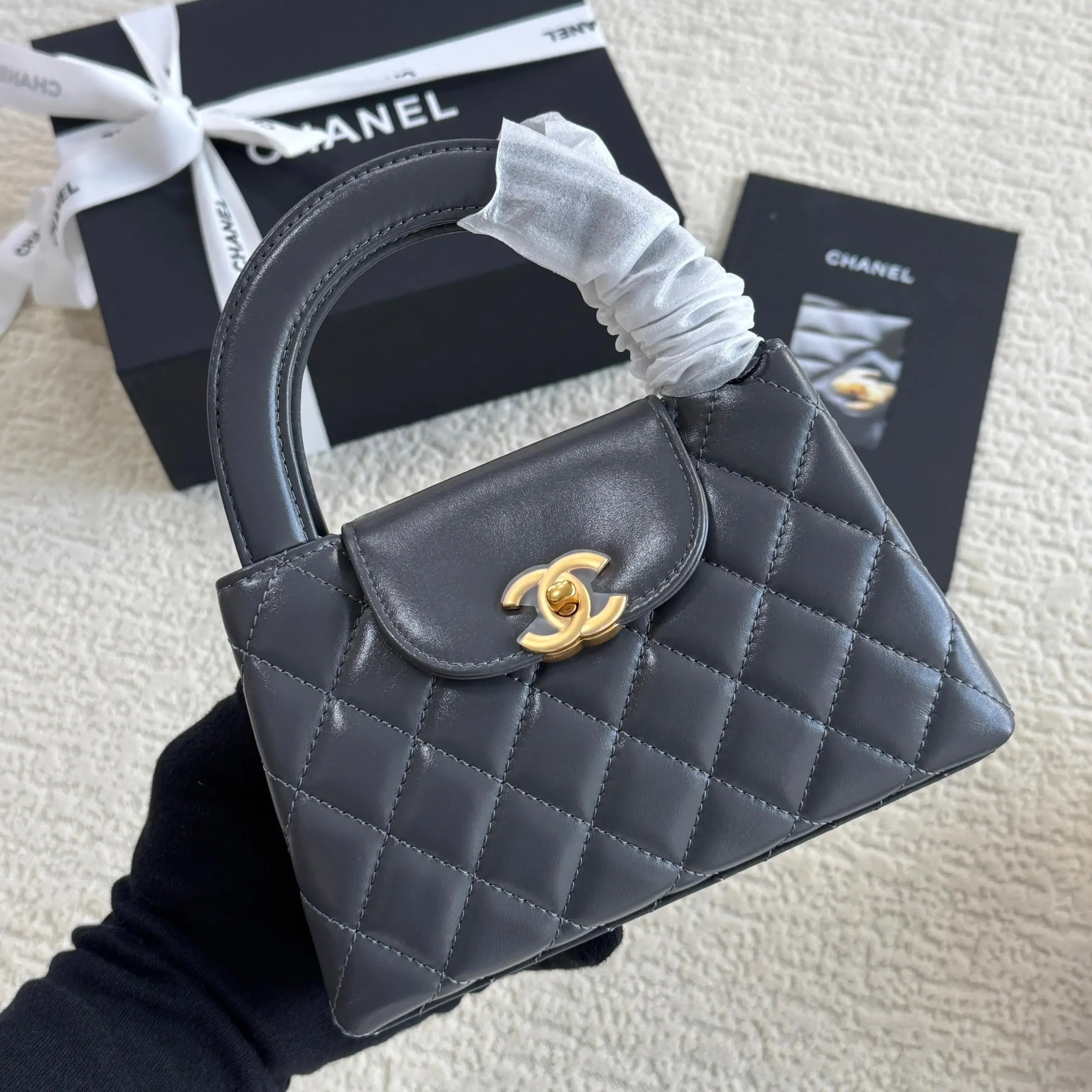 Chanel Mini Kelly Bag in Black Lambskin with Silver CC Lock