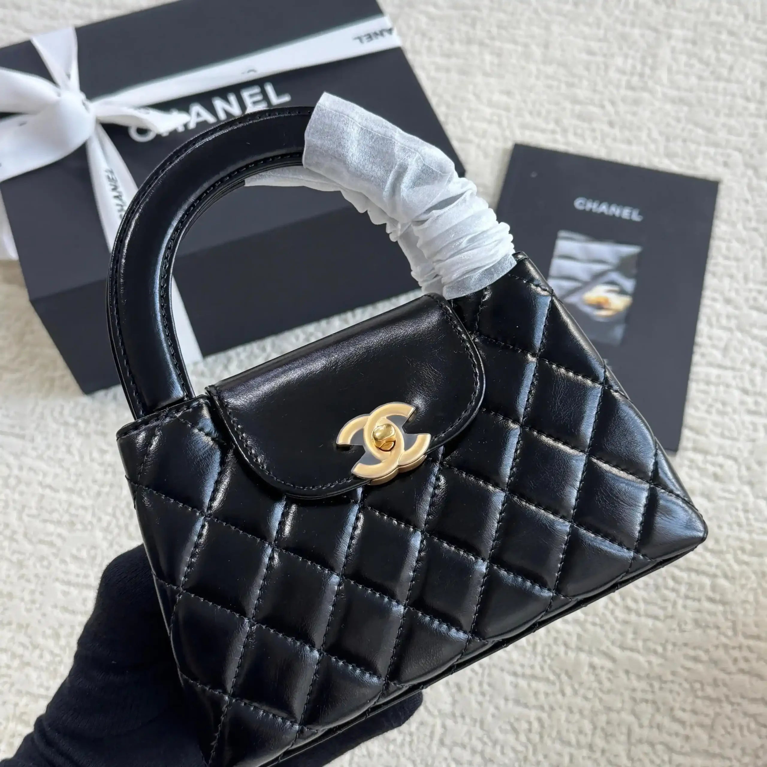 Chanel Mini Kelly Bag in Black Lambskin with Silver CC Lock