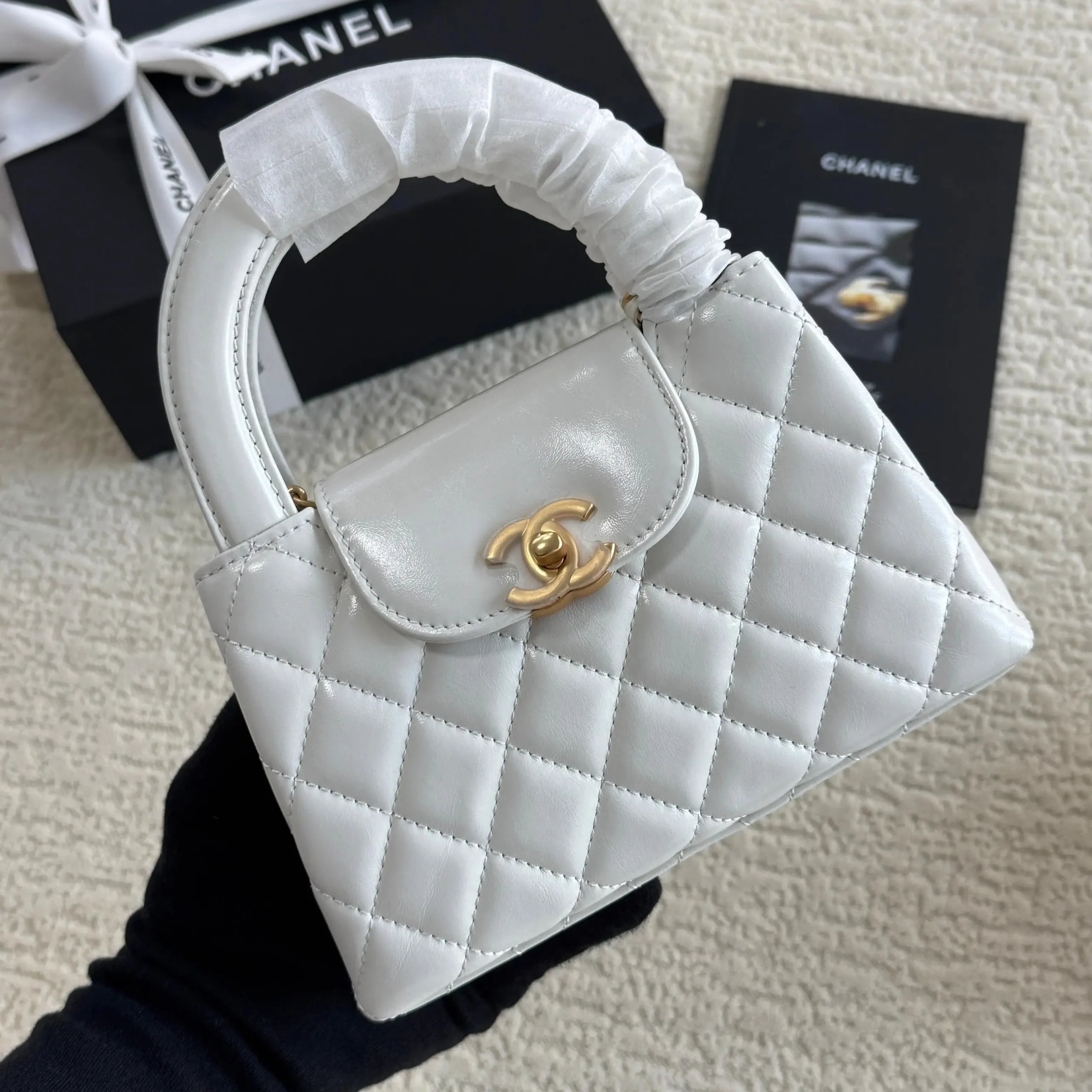 Chanel Mini Kelly Bag in Black Lambskin with Silver CC Lock