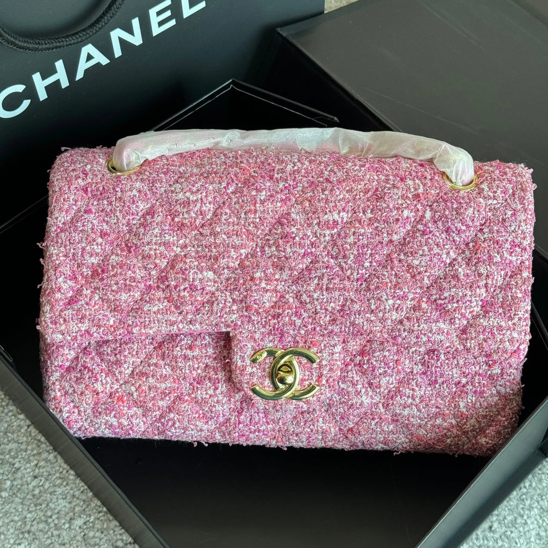 Chanel Pink Quilted Tweed Mini Classic Flap Bag