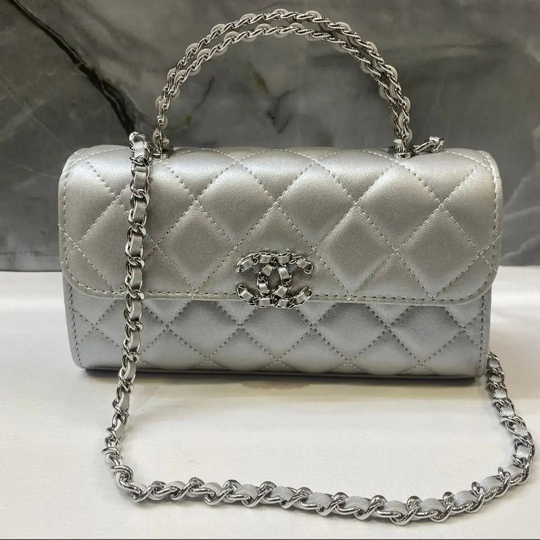Chanel Silver Metallic Quilted Hobo Bag with Chain Strap
