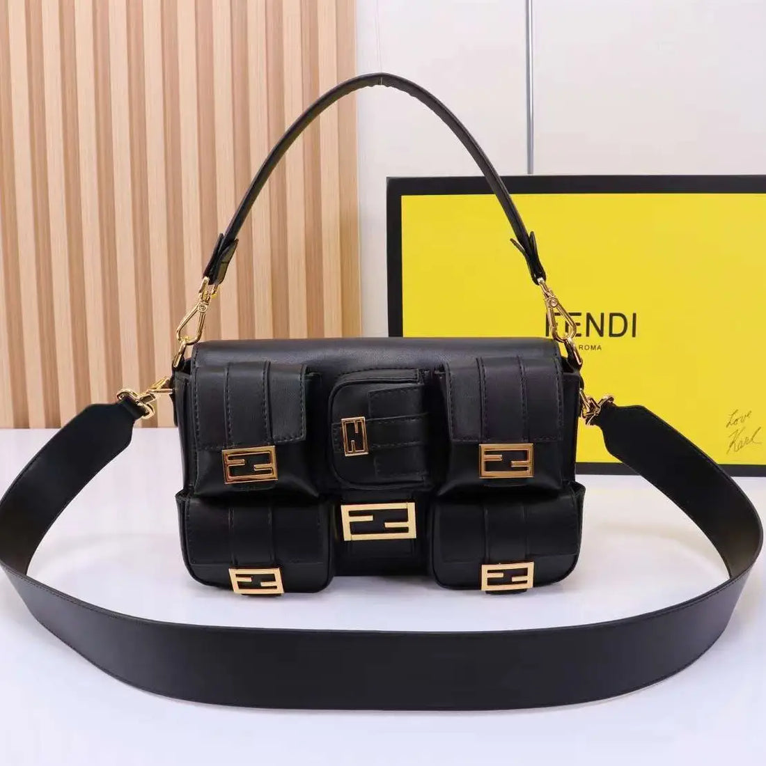 Fendi Shiny Nappa Multi Pocket Baguette Brandy Shoulder Bag