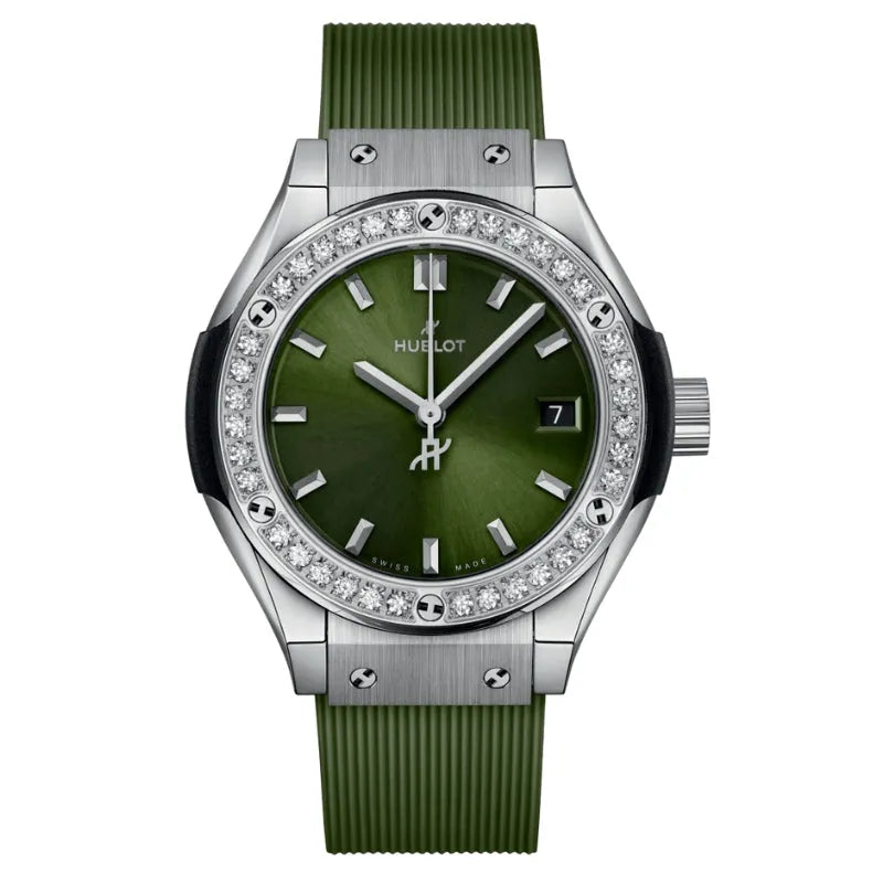 Hublot Classic Fusion Titanium Green Diamonds 29mm – 591.NX.8970.RX.1204 Watch in Dubai UAE