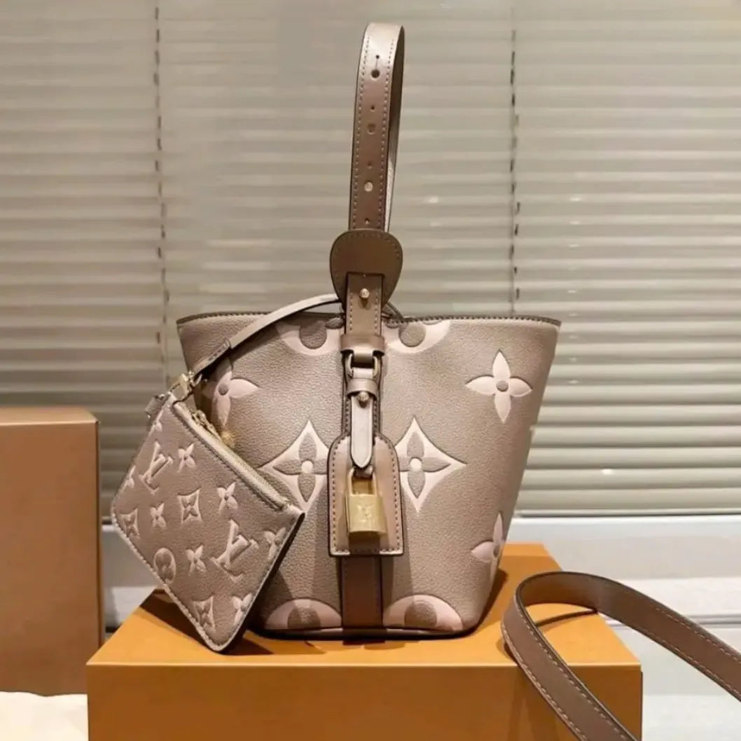 Louis Vuitton All In BB Inspired Leather Bucket Bag with Mini Pouch - Cream