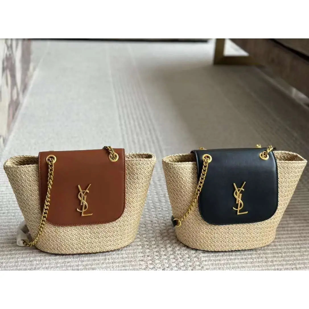 YSL SAINT LAURENT Panier mini leather-trimmed raffia shoulder bag