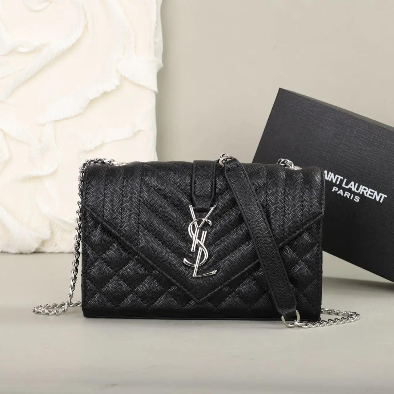 YSL Saint Laurent Monogram Triquilt Grain De Poudre Small Red College Bag